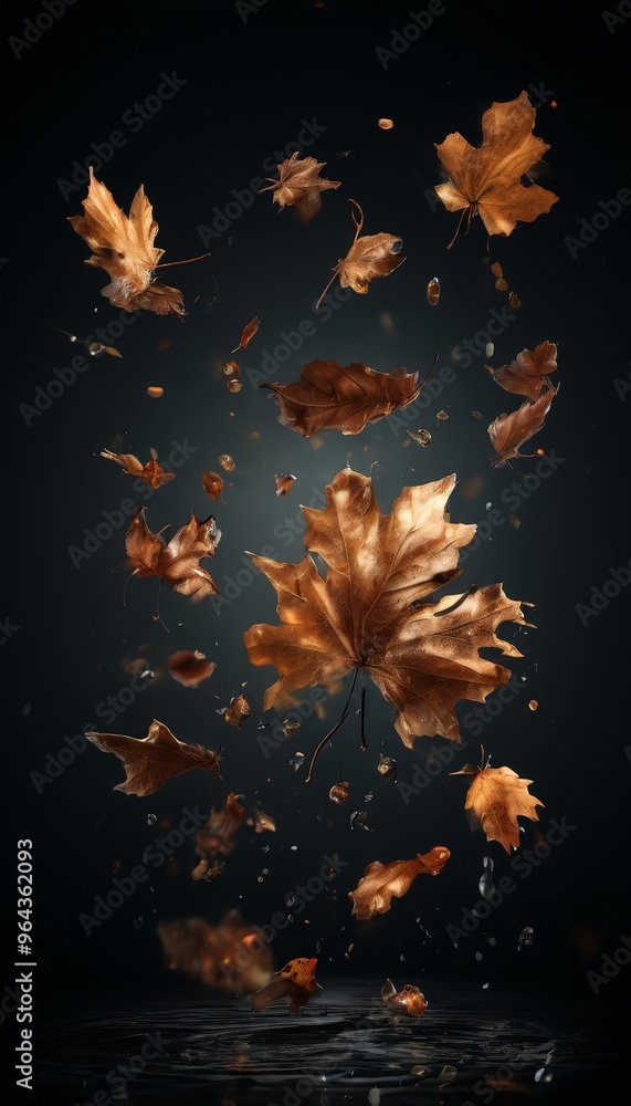 Poster autumn leaves in various shades of brown float and fall against a dark background, creating a dynami