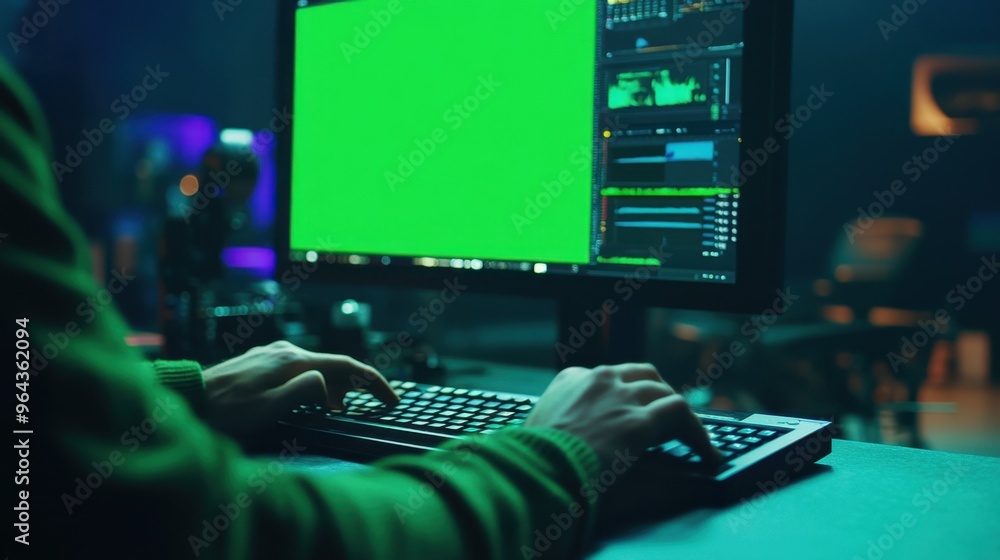 Aufkleber close-up of a video editor's hands on a keyboard, fine-tuning green screen footage in a high-tech ed