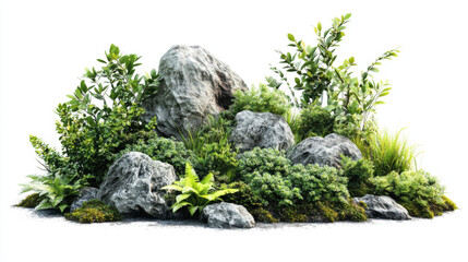 Natural landscape with rock and greenery in the garden isolated on white background for graphic design.