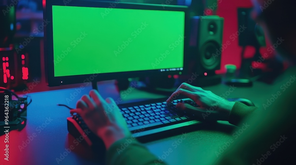 Aufkleber close-up of a video editor's hands on a keyboard, fine-tuning green screen footage in a high-tech ed