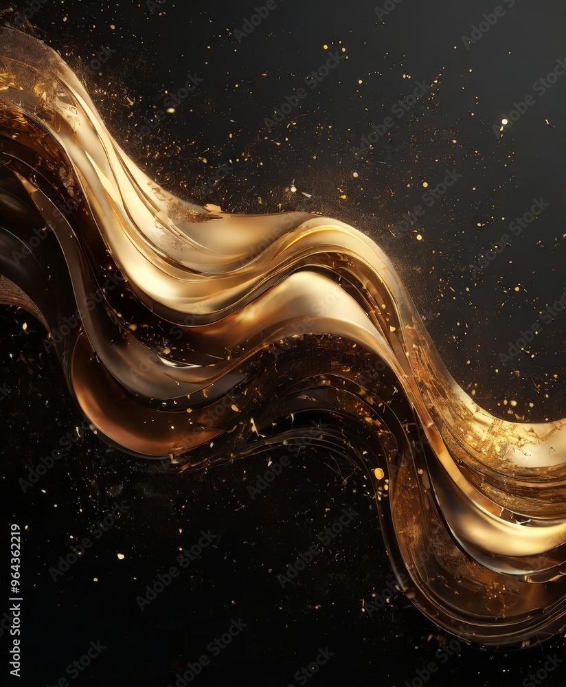 Poster dynamic, abstract composition of golden waves and splashes against a dark background, creating a sen
