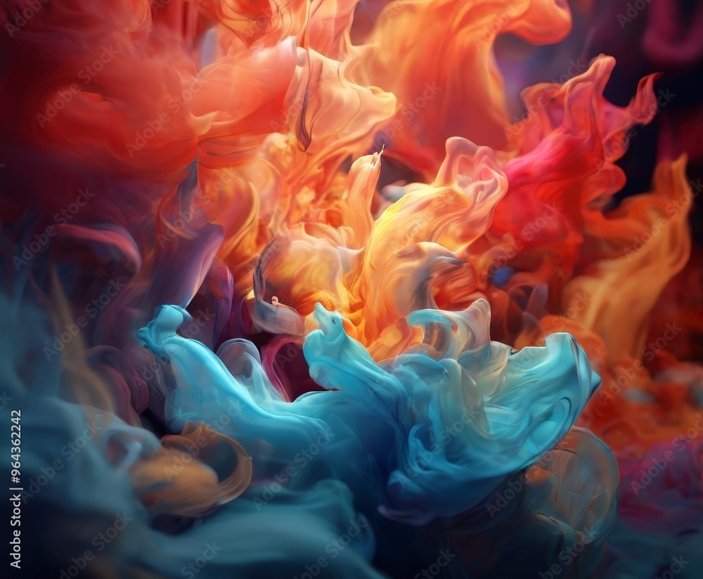 Aufkleber a vibrant abstract composition featuring swirling patterns of orange, red, and blue hues, creating a