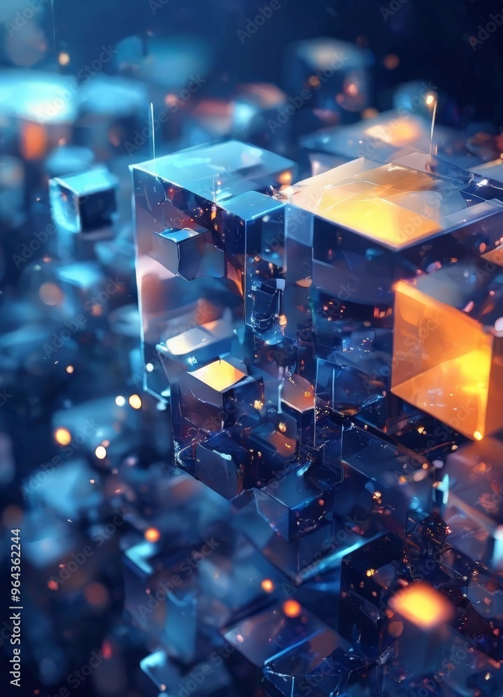 Poster a digital art piece featuring a complex arrangement of cubes and blocks in shades of blue, orange, a