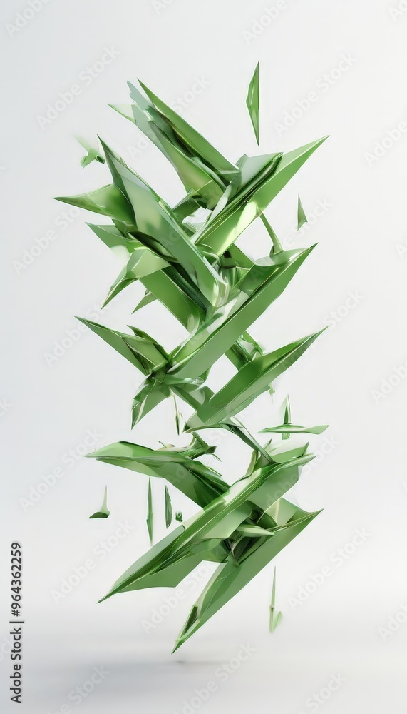Poster a a green, abstract plant-like structure composed of numerous triangular and rectangular shapes, cre