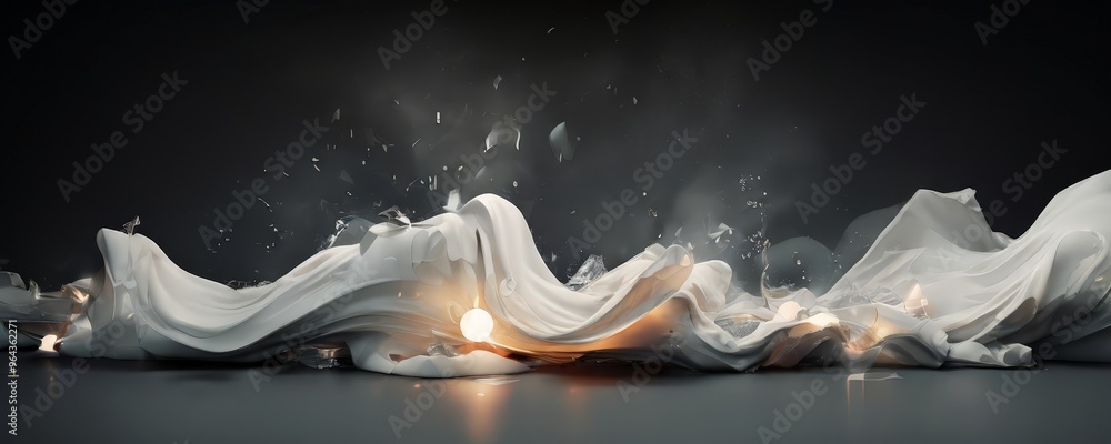 Poster a dramatic scene of a white wave crashing against a dark background, with a single light source illu