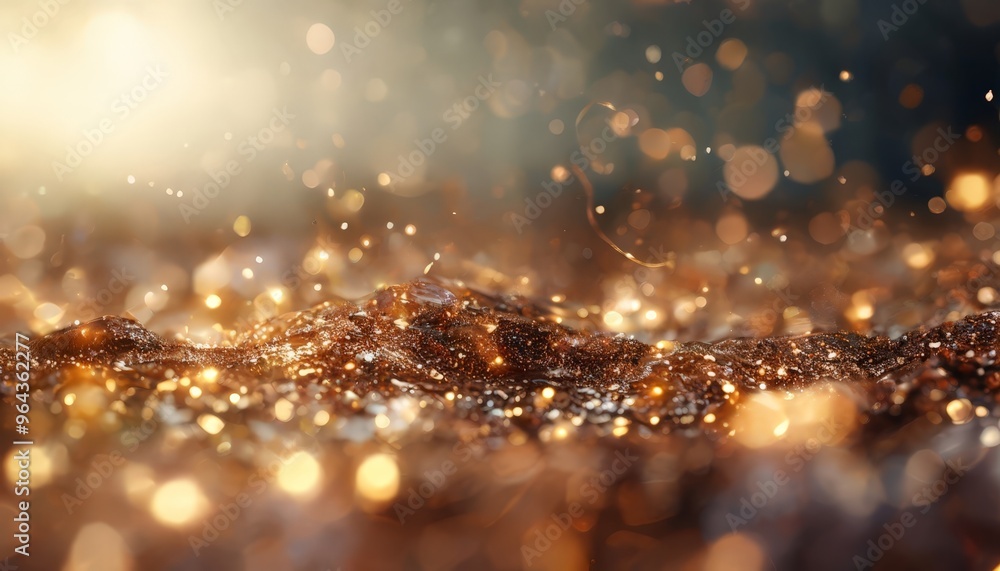 Poster a close-up view of a textured surface with a golden glittering effect, creating a sense of depth and