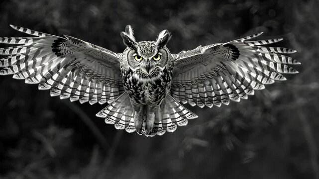Majestic owl gliding through the air with impressive wingspan in a forest setting during twilight hours