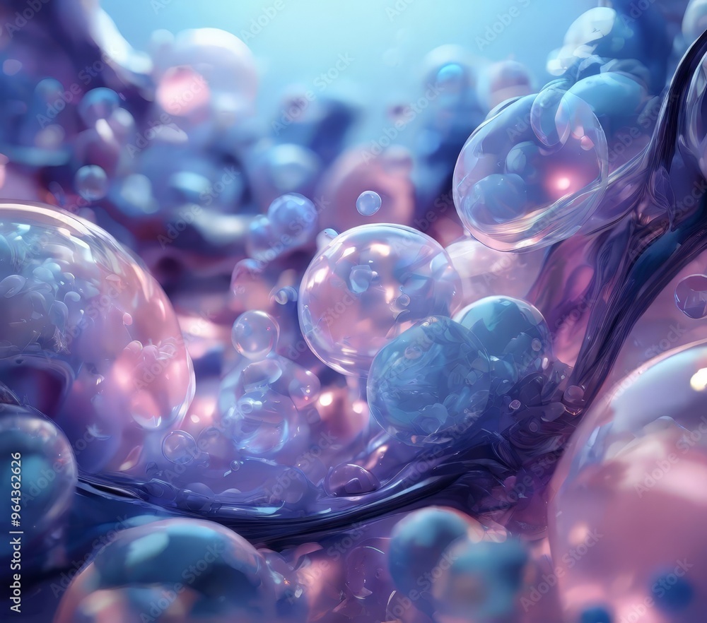 Poster a digital illustration featuring a close-up view of numerous transparent bubbles in shades of blue a