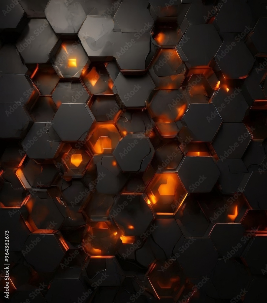 Poster digital illustration of a hexagonal pattern composed of black and orange hexagons, with some of the 