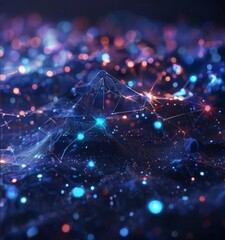 a digital art piece featuring a complex network of interconnected lines and dots, creating a sense of depth and dimensionality. The colors used are predominantly blue, purple,