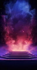 a dramatic scene with a staircase leading up to a platform, surrounded by swirling smoke and vibrant colors of blue, purple, and orange.