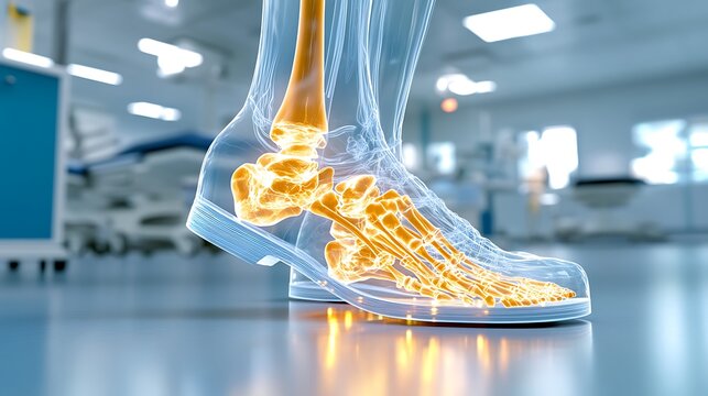 A human skeleton with a translucent blue color in a modern medical environment, with the tarsal bones glowing in yellow light, forming the ankles and feet. 