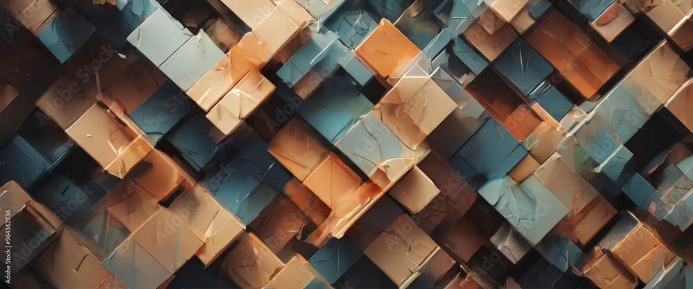 Poster a digital illustration featuring a complex pattern of overlapping cubes in various shades of blue, o