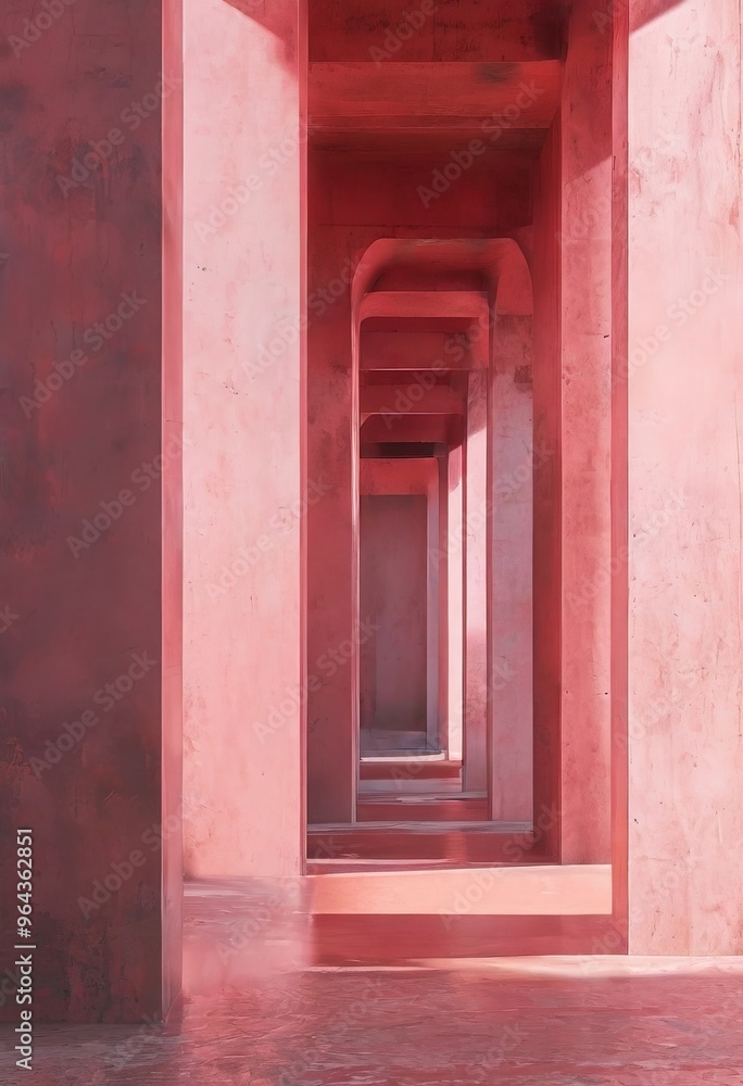 Poster a series of pink concrete pillars, each with a curved top, form a long corridor with a reflective fl