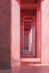 A series of pink concrete pillars, each with a curved top, form a long corridor with a reflective floor, creating a sense of depth and space.