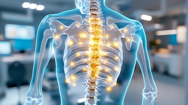 A human skeleton with a translucent blue hue in a futuristic medical facility, with the scapula highlighted in bright yellow, located on the upper back. 