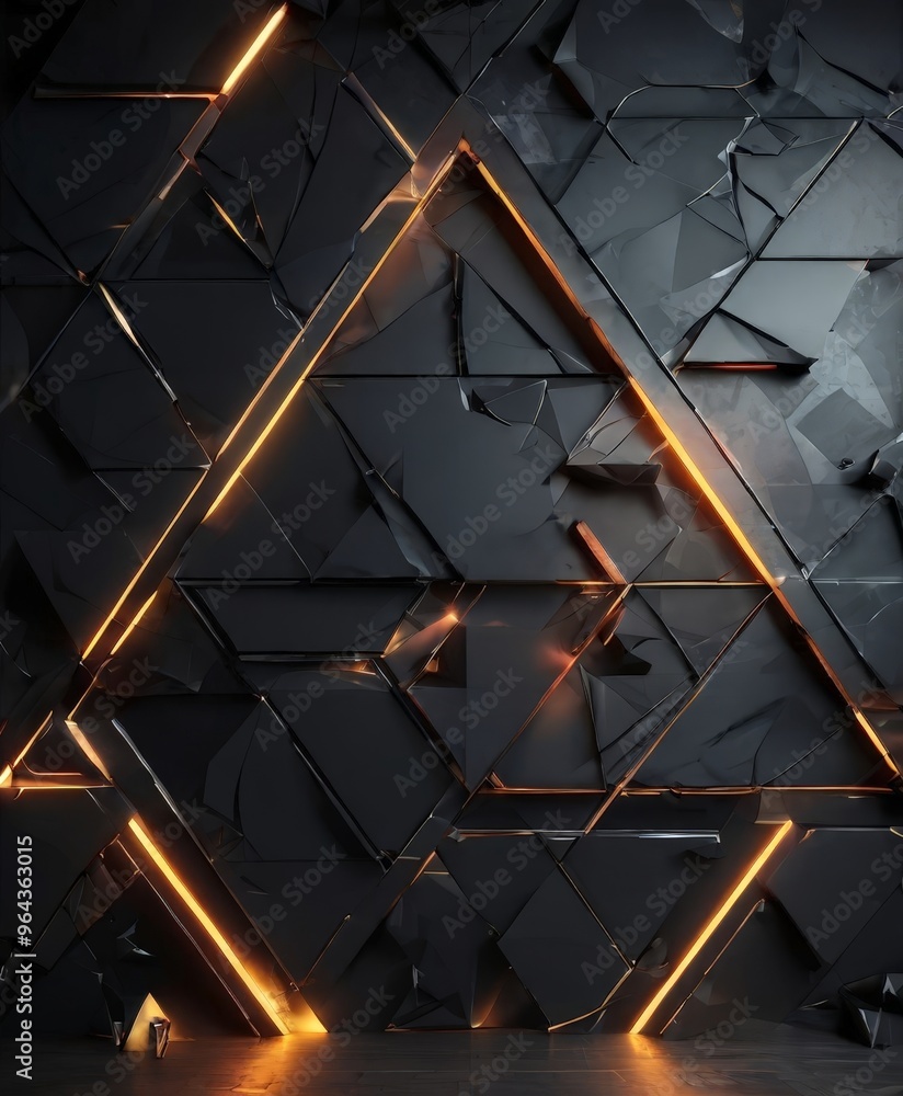 Poster dark, abstract background composed of numerous black triangles arranged in a complex pattern, with a