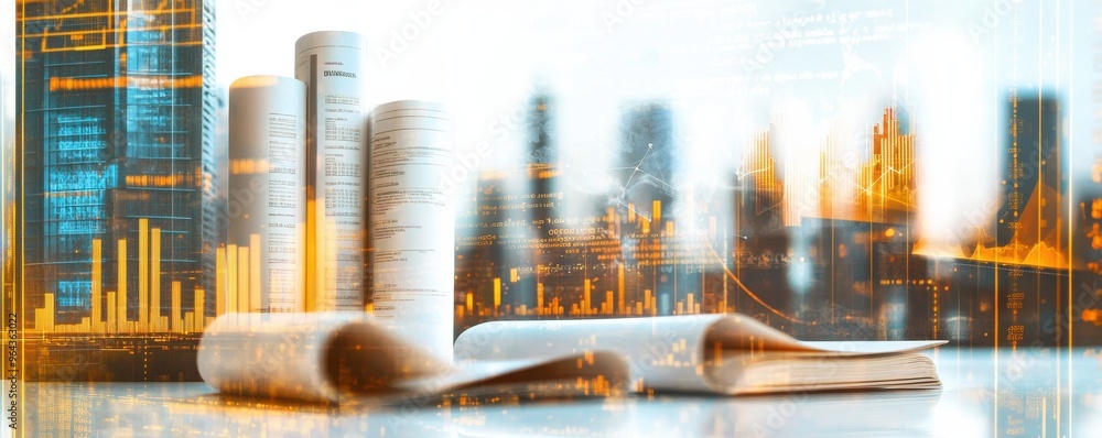 Poster digital collage of financial charts and graphs with documents in modern office setting