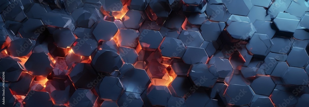 Poster hexagonal pattern composed of dark blue and orange hexagons, with some areas illuminated by a warm o