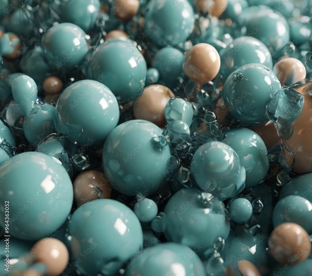 Poster a close-up view of a collection of spherical objects in various shades of blue and beige, with some 
