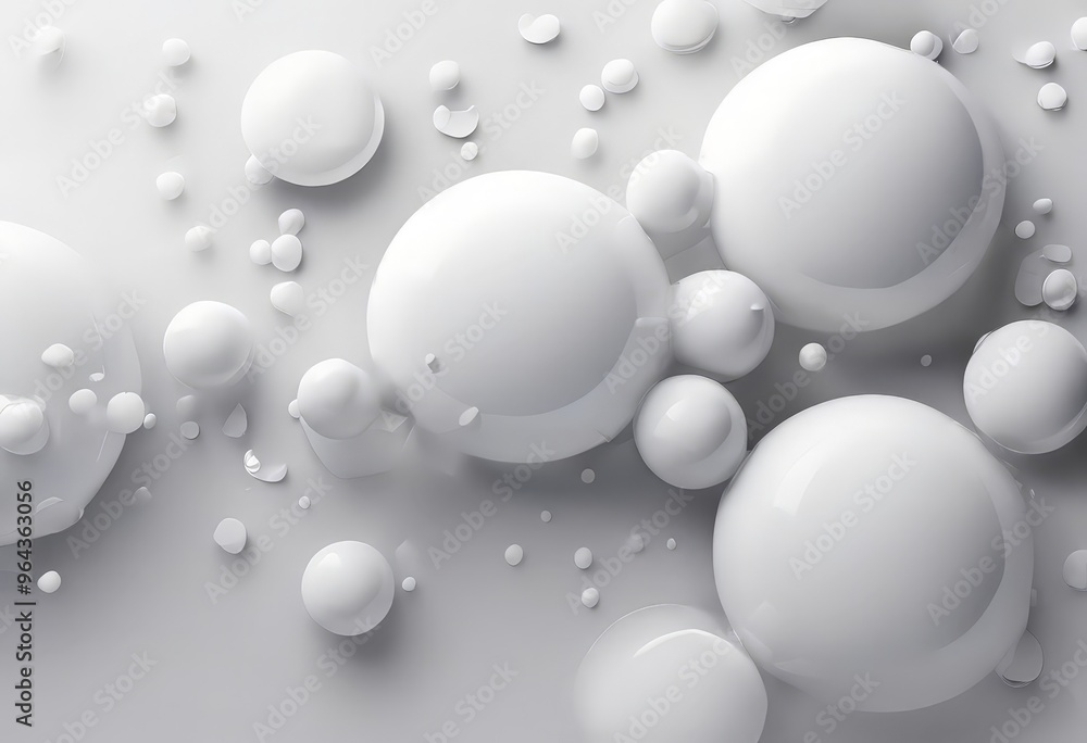 Poster collection of white spheres scattered across a light gray background, creating a visually striking a