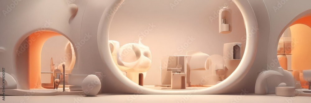 Poster a minimalist, abstract interior space with a circular opening at the center, revealing a collection 