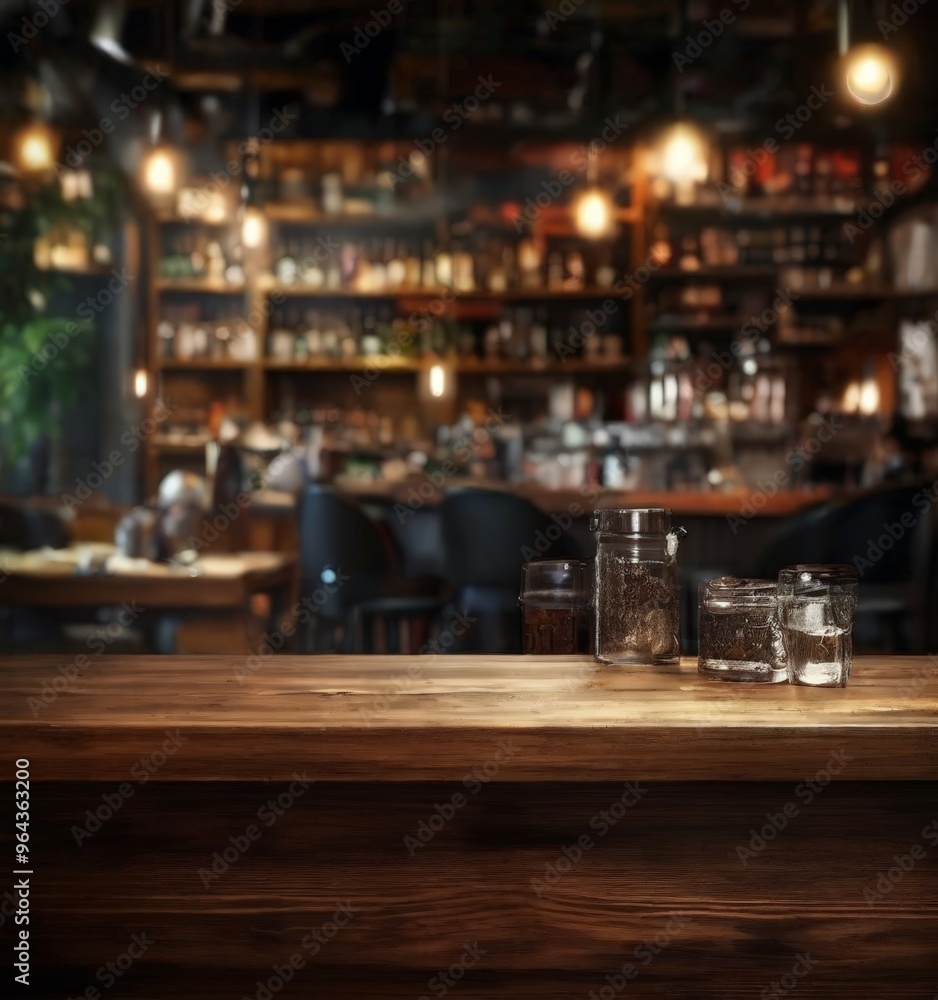 Poster a wooden bar counter with empty glass jars in the foreground, and a blurred bar scene with various b