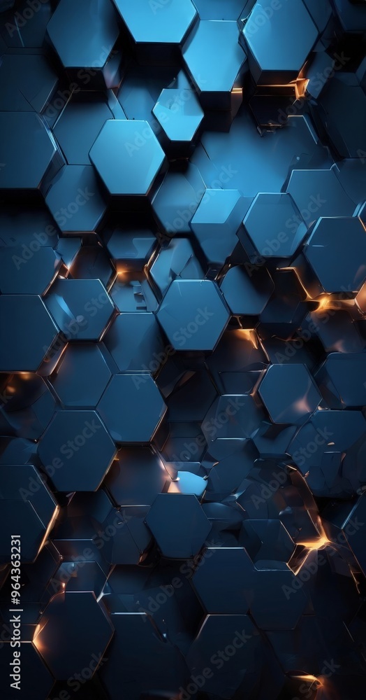 Poster hexagonal pattern composed of dark blue and black hexagons, with some areas illuminated by a warm or