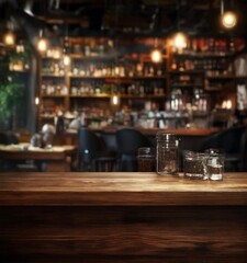 A wooden bar counter with empty glass jars in the foreground, and a blurred bar scene with various bottles and glasses in the background.
