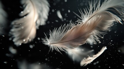 Obraz premium Delicate feathers float against a black background,
