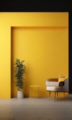 A modern living room with a yellow accent wall, a white armchair, and a small yellow side table with a potted plant.