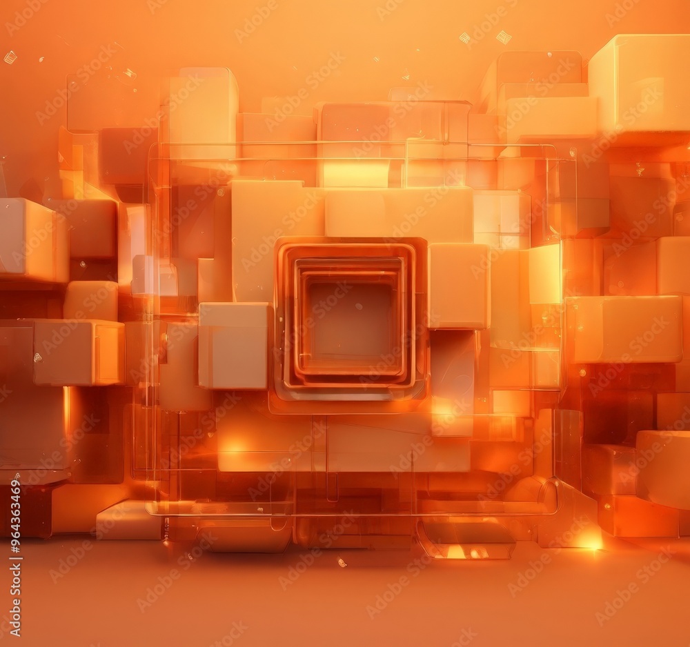 Poster a complex arrangement of orange cubes, with a central square and a gradient of orange cubes surround