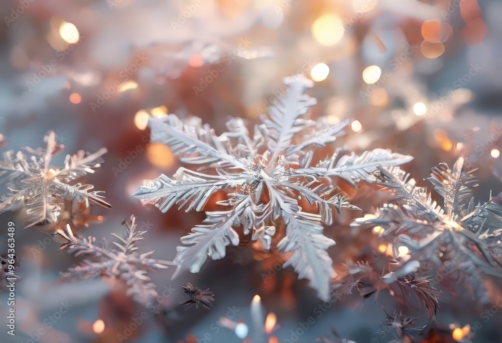 Poster a close-up view of a snowflake with intricate, delicate patterns, set against a blurred background o