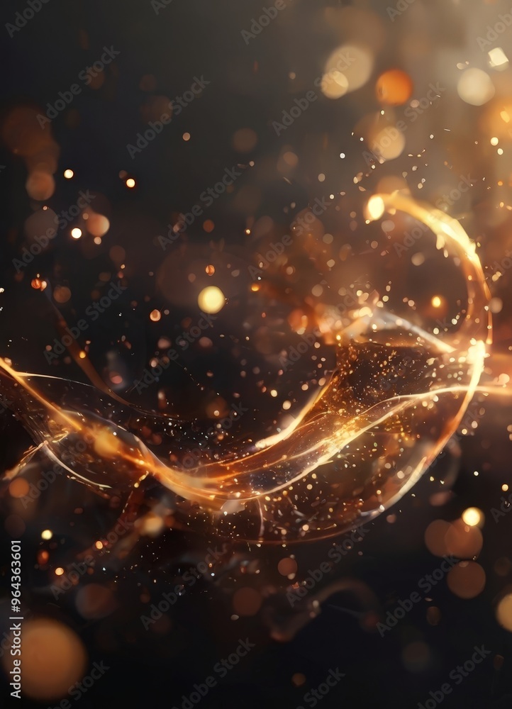 Poster dynamic, abstract composition of golden and orange hues, with a dark background that creates a sense