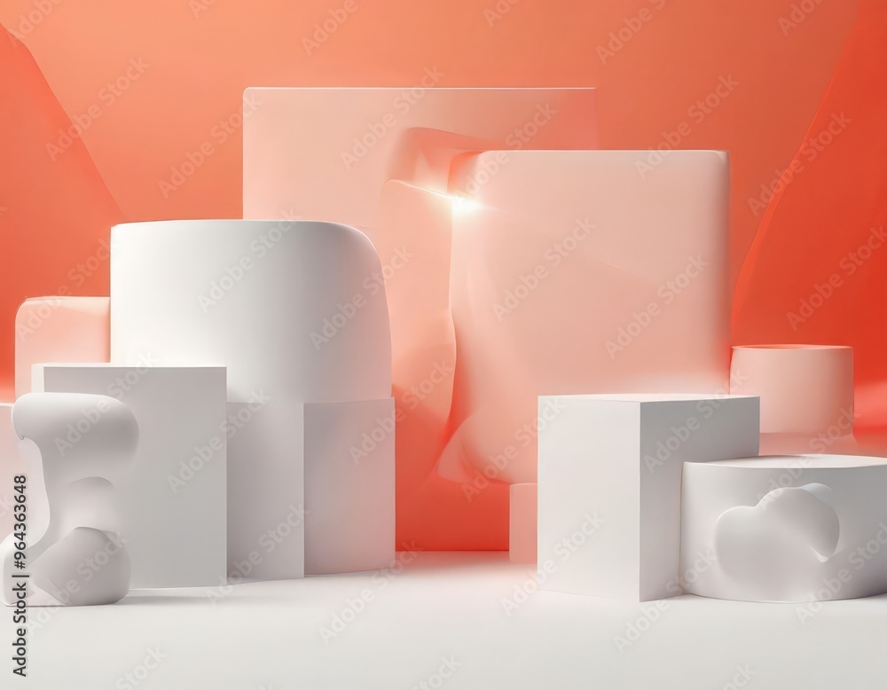Poster collection of white, rectangular, and cylindrical objects arranged in a minimalist, geometric compos