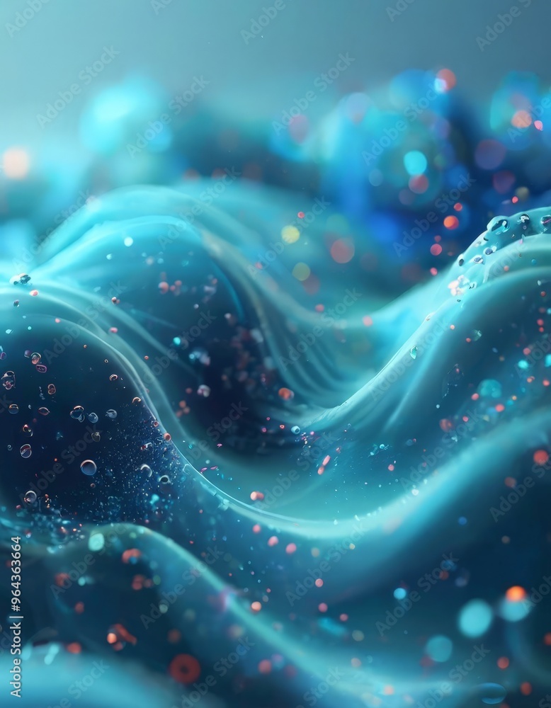 Poster a digital art piece featuring a wave-like pattern with water droplets and colorful lights, creating 