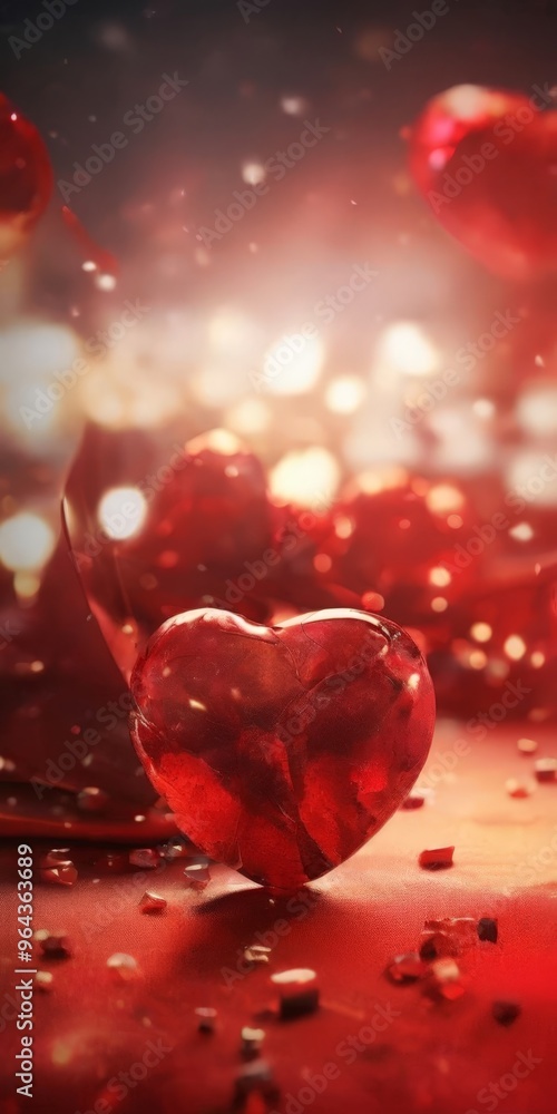 Poster a red heart-shaped object with a cracked surface is surrounded by scattered red and white glittering