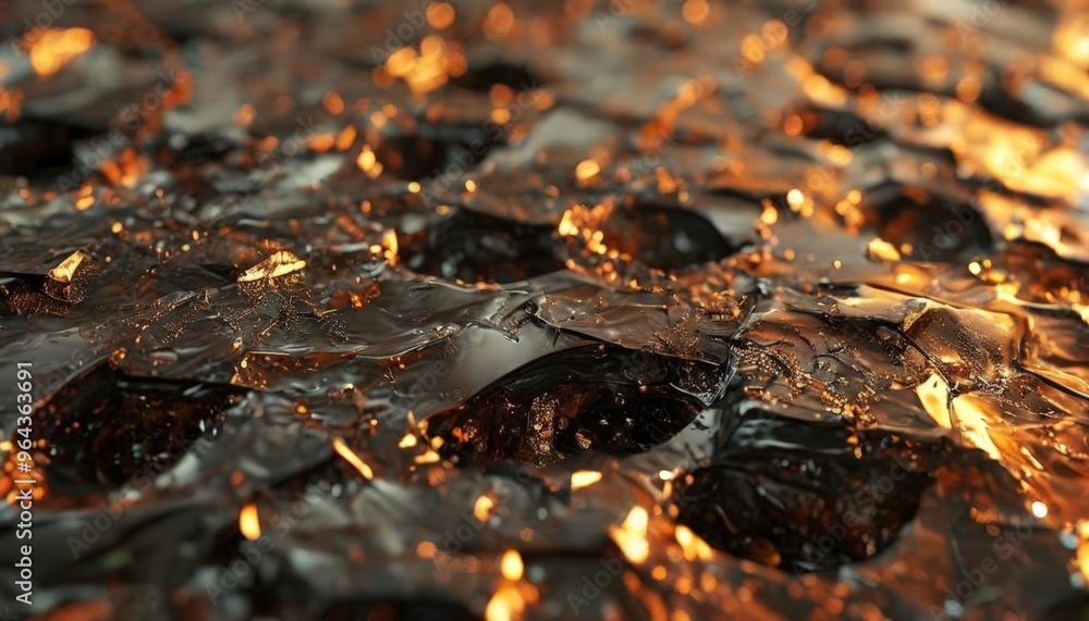Poster a close-up view of a textured surface with a dark, glossy, and shiny appearance, resembling a cracke