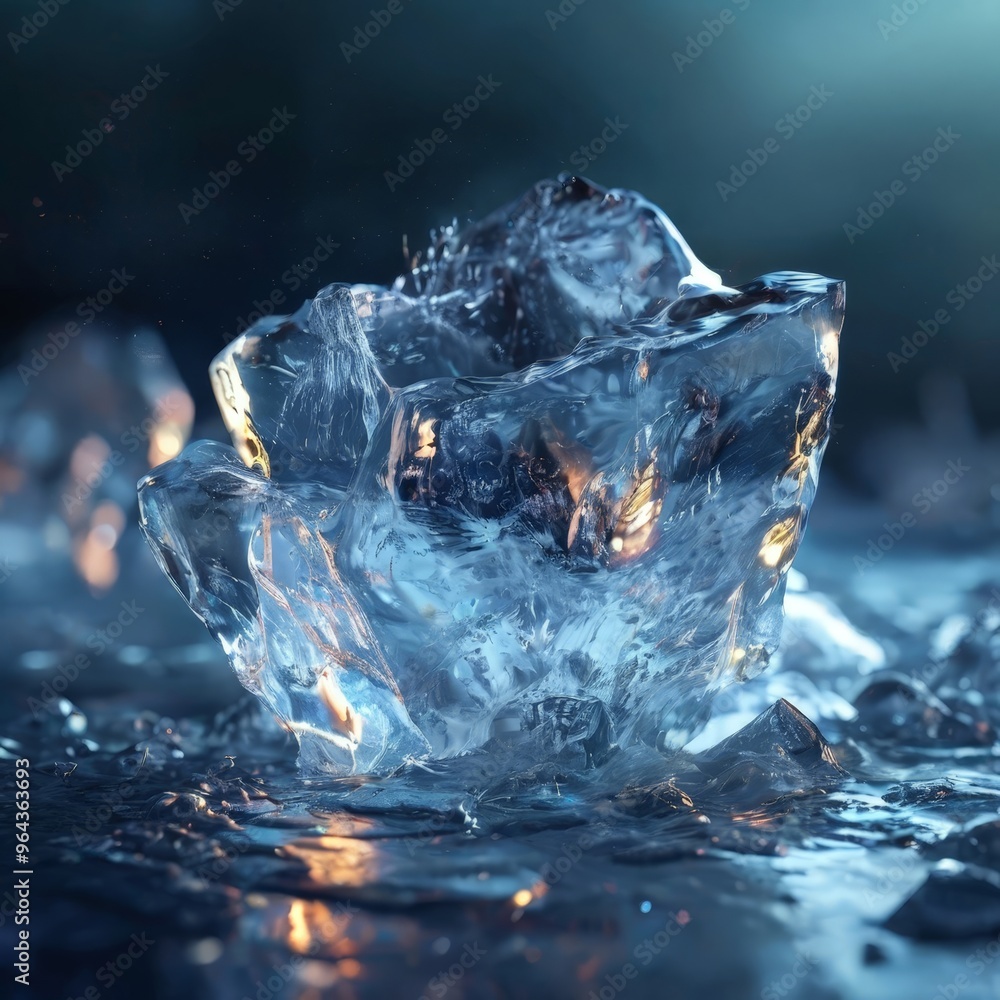 Aufkleber a close-up of a piece of ice with a blue and white color scheme, reflecting light and creating a sen
