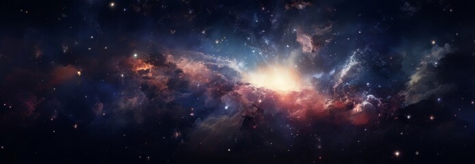 Fototapeta premium a vibrant cosmic scene, featuring a swirling nebula with a bright center and a multitude of stars scattered throughout the dark background.