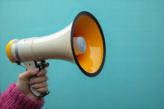 Hand holding megaphone on a blue background announcement of discount and sale