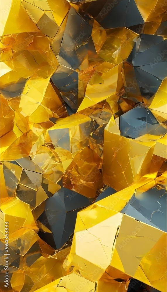 Poster a digital illustration featuring a complex arrangement of overlapping triangular shapes in various shades of yellow and black, creating a visually striking and abstract composition.