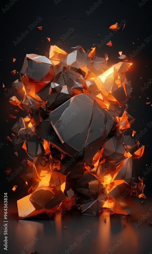 Poster a chaotic and fiery explosion of black and orange geometric shapes, with the shapes appearing to be 
