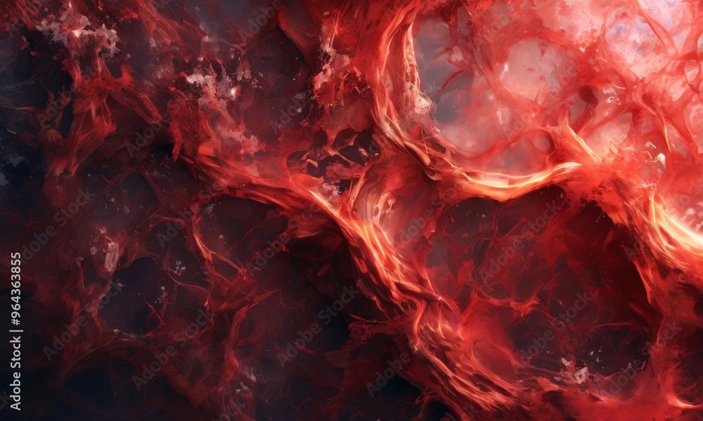 Poster a digital artwork depicting a fiery, abstract pattern with swirling red and orange hues, creating a 