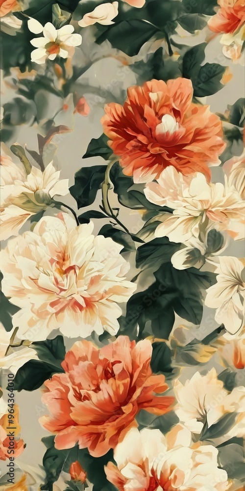 Poster vibrant floral pattern with a variety of flowers in shades of orange, white, and green. the flowers 