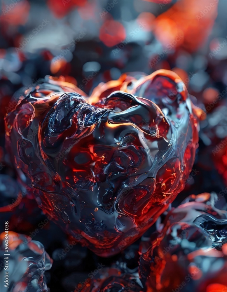 Poster a close-up of a heart-shaped object with a dark, molten-like texture and a fiery red color, set agai