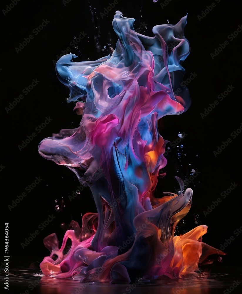 Poster a vibrant, abstract representation of a flame, with swirling, multicolored smoke and water droplets 