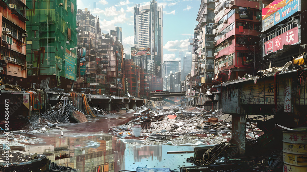 Poster efficient materials salvage operation reimagining waste and set in a prismatic cityscape