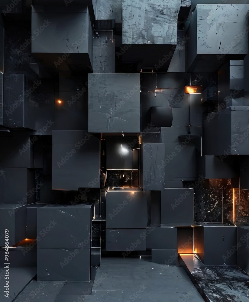 Poster dark, abstract scene with a series of black cubes arranged in a complex manner, creating a sense of 