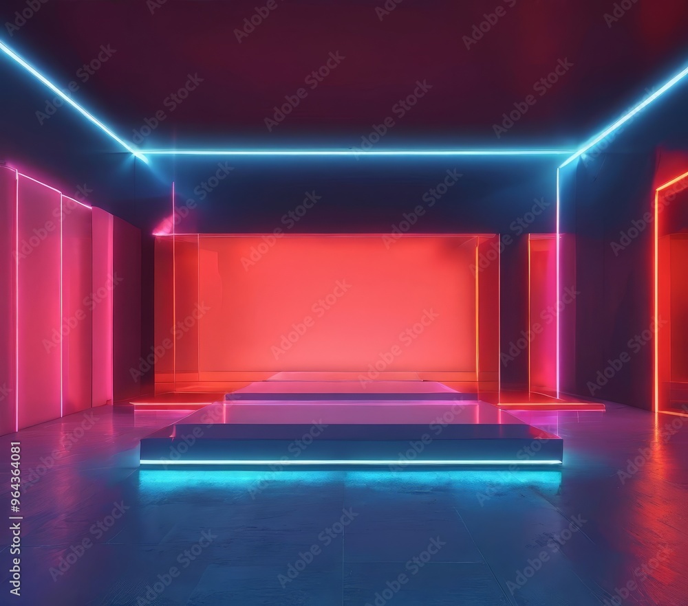 Poster a futuristic room with a stage and glowing red and blue lights, creating a vibrant and dynamic atmos